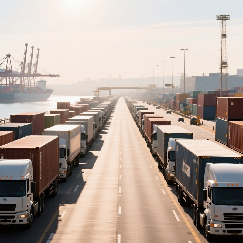 A Photorealistic Port Road Filled With Trucks Lining Up To Collect Containers Under Hot Sun Haze.