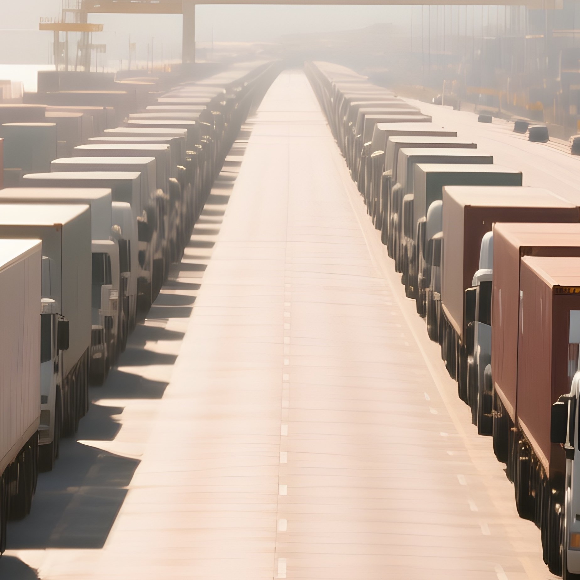 A Photorealistic Port Road Filled With Trucks Lining Up To Collect Containers Under Hot Sun Haze. - Full Resolution Quality Preview