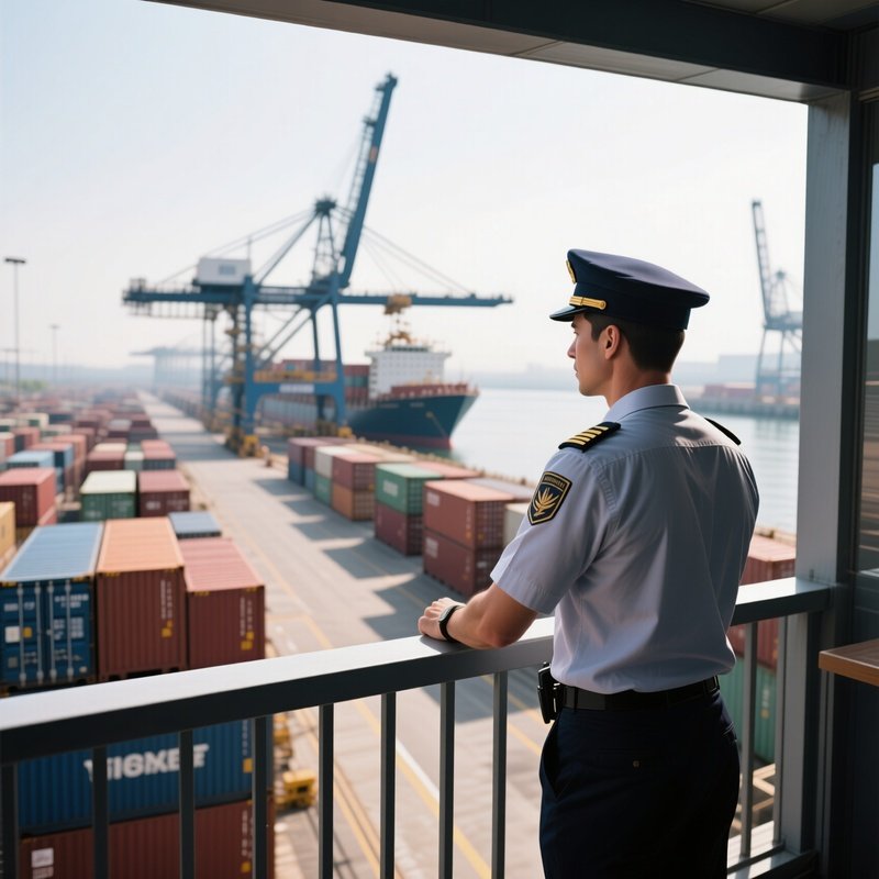 A Photorealistic Port Supervisor Observing Loading Operations From A Balcony Overlooking Container Rows.