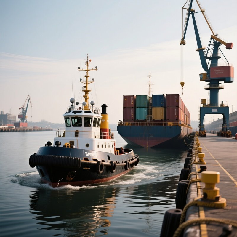 A Photorealistic Port Tug Guiding A Container Barge Into Position Beside A Crane Lined Quay.