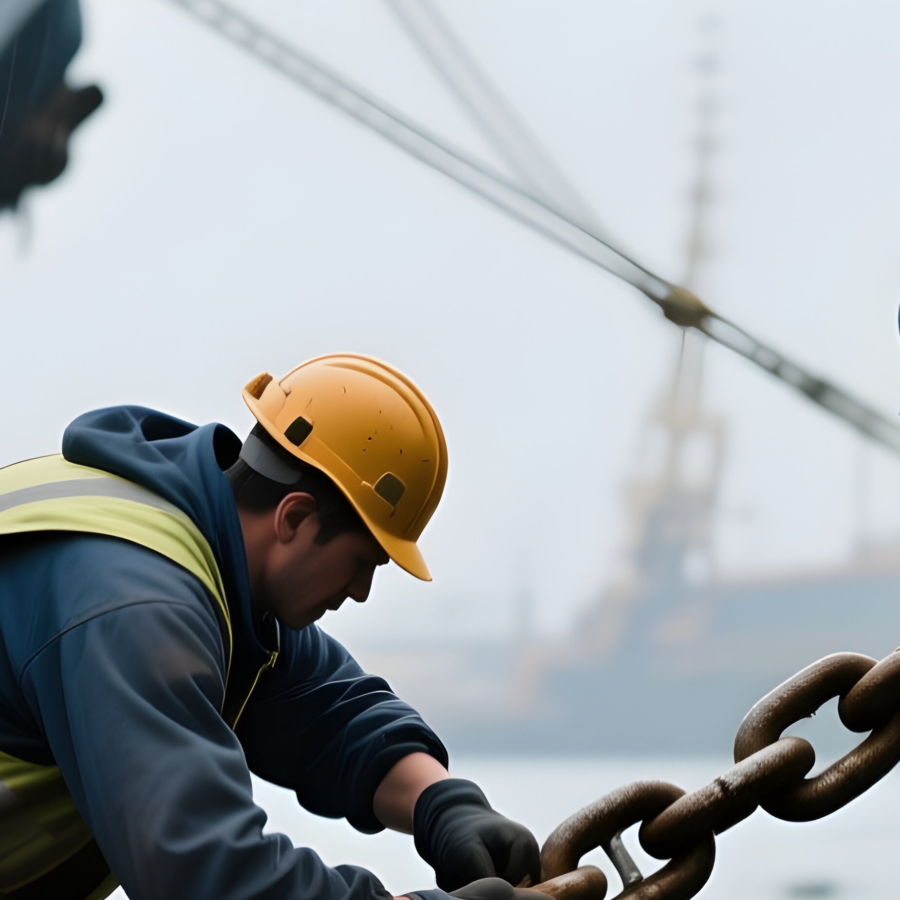 A Photorealistic Port Where Workers Secure Heavy Chains Around A Shifting Container During Windy Weather. - Full Resolution Quality Preview