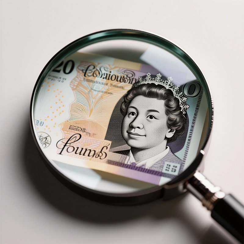 A Photorealistic Pound Banknote Partially Under A Magnifying Glass Revealing Fine Security Lines.