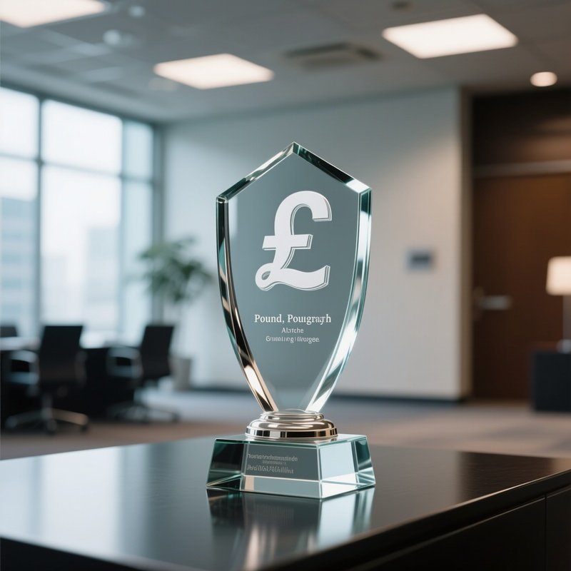 A Photorealistic Pound Symbol Etched Into A Glass Award Trophy Standing In A Corporate Lobby.