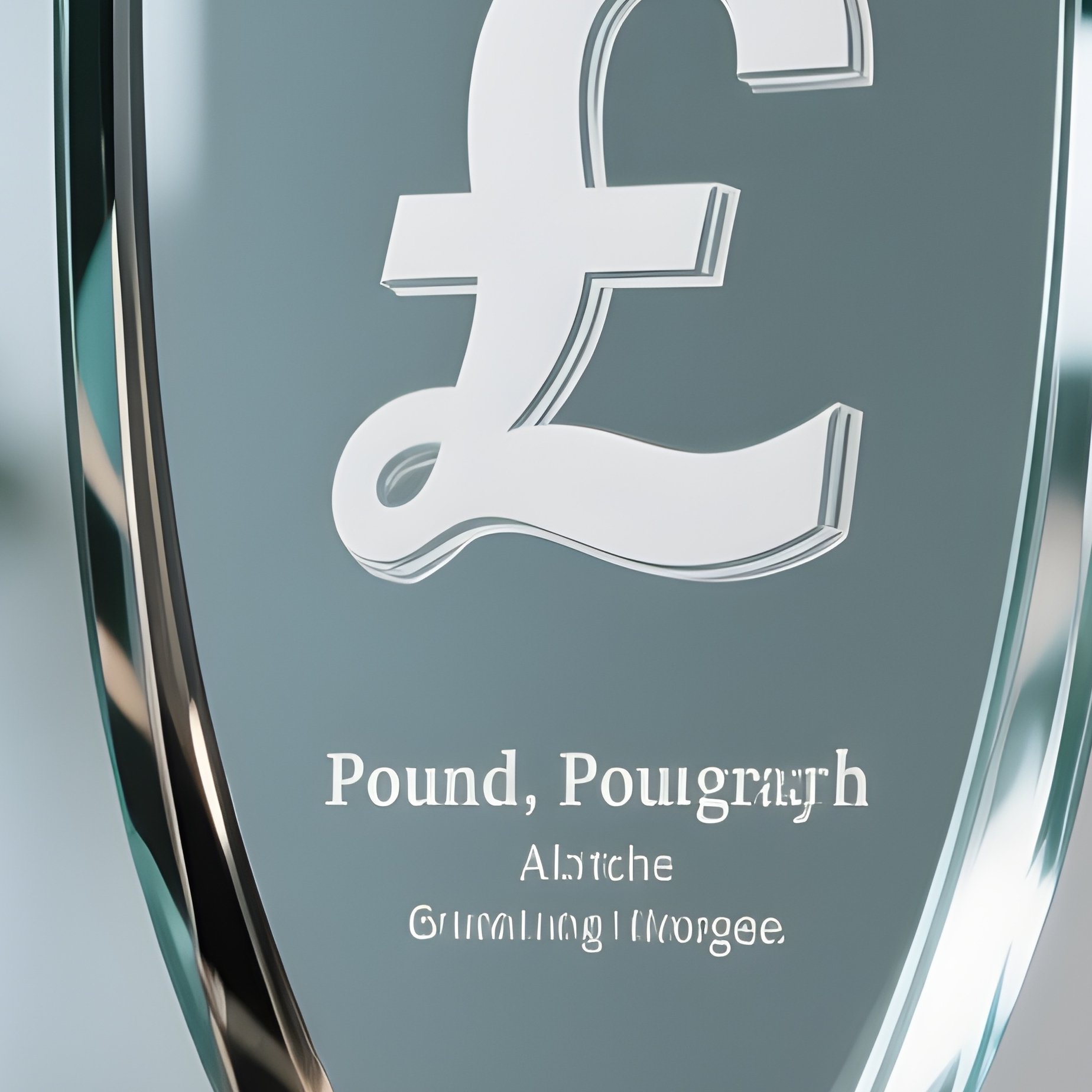 A Photorealistic Pound Symbol Etched Into A Glass Award Trophy Standing In A Corporate Lobby. - Full Resolution Quality Preview