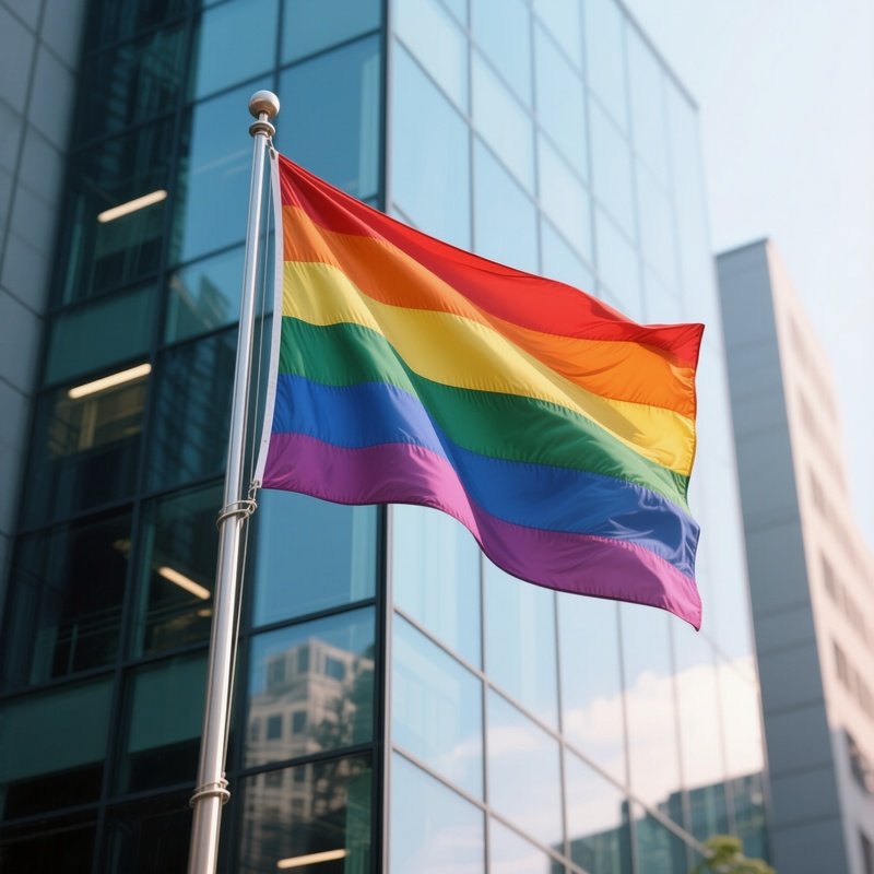 A Photorealistic Pride Flag Fluttering Beside A Modern Glass Building With Soft Reflections.
