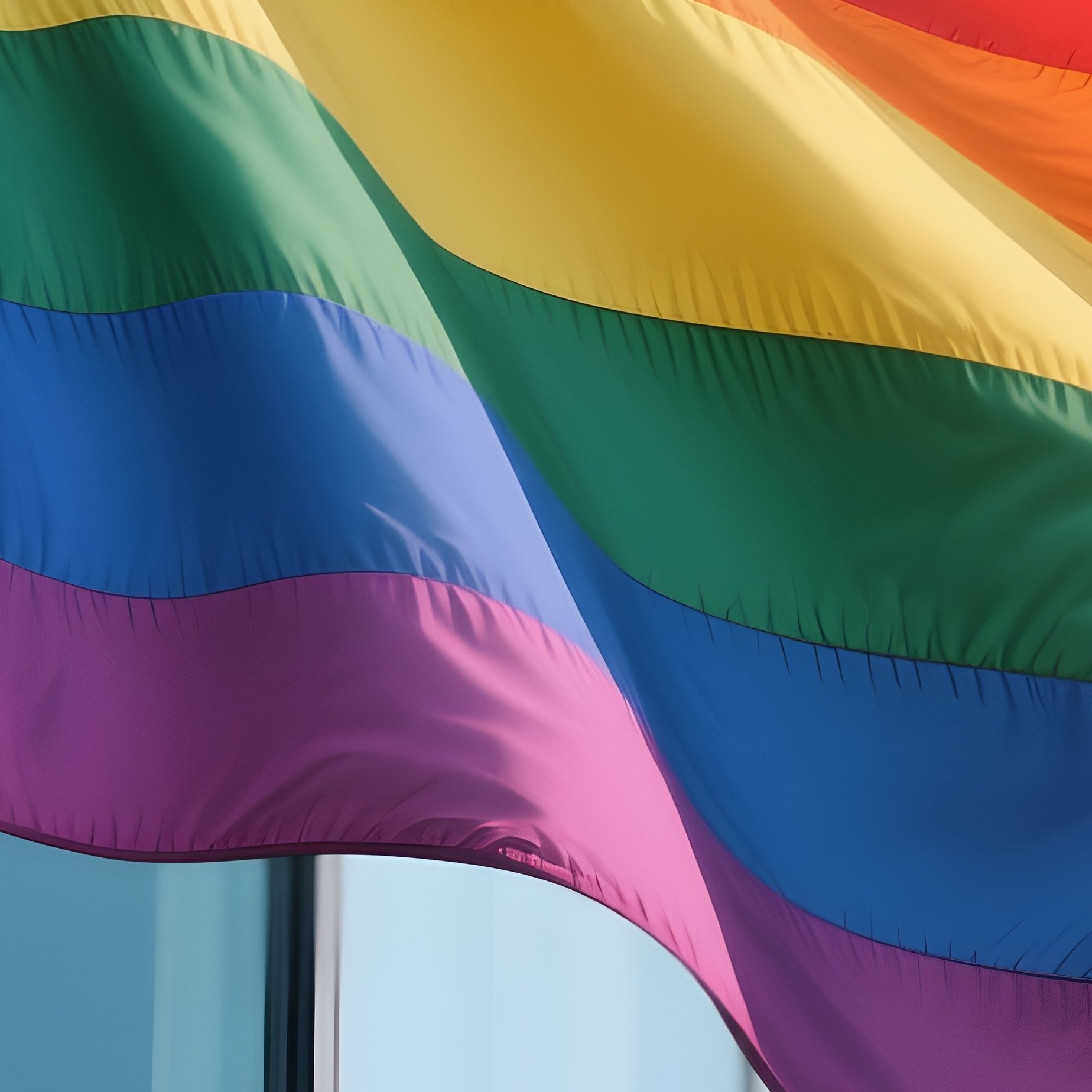 A Photorealistic Pride Flag Fluttering Beside A Modern Glass Building With Soft Reflections. - Full Resolution Quality Preview
