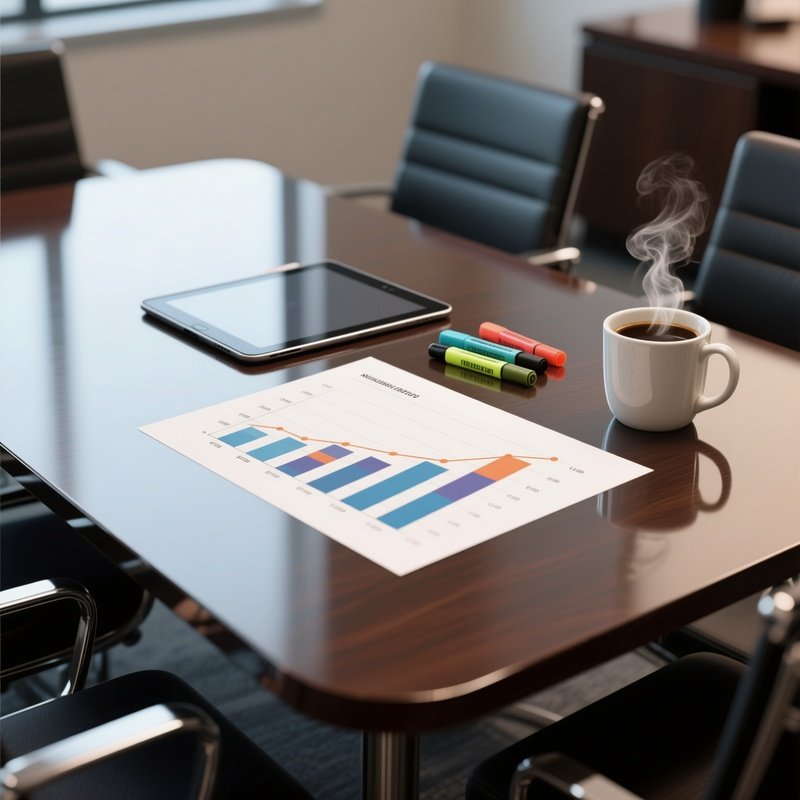 A Photorealistic Printed Bar Chart On A Glossy Meeting Table Beside A Tablet, Highlighters, And A Steaming Coffee Mug.