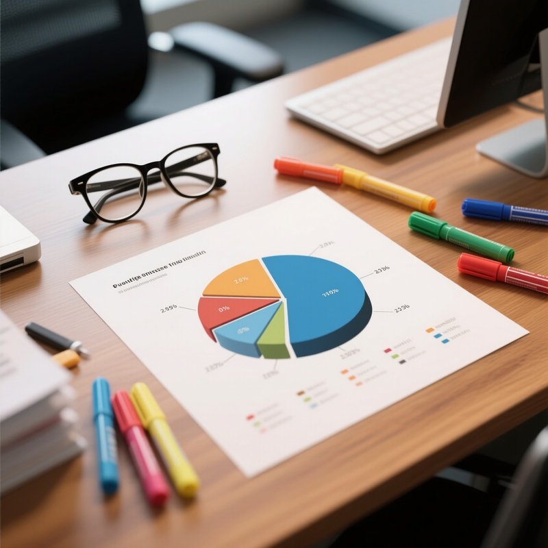A Photorealistic Printed Pie Chart On A Wooden Office Surface With Reading Glasses And Colored Markers Scattered Nearby.