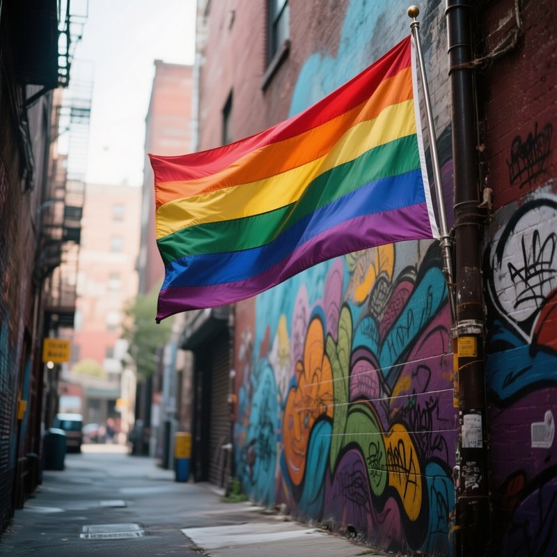 A Photorealistic Progress Pride Flag Fluttering Near A Mural Painted Urban Alley.