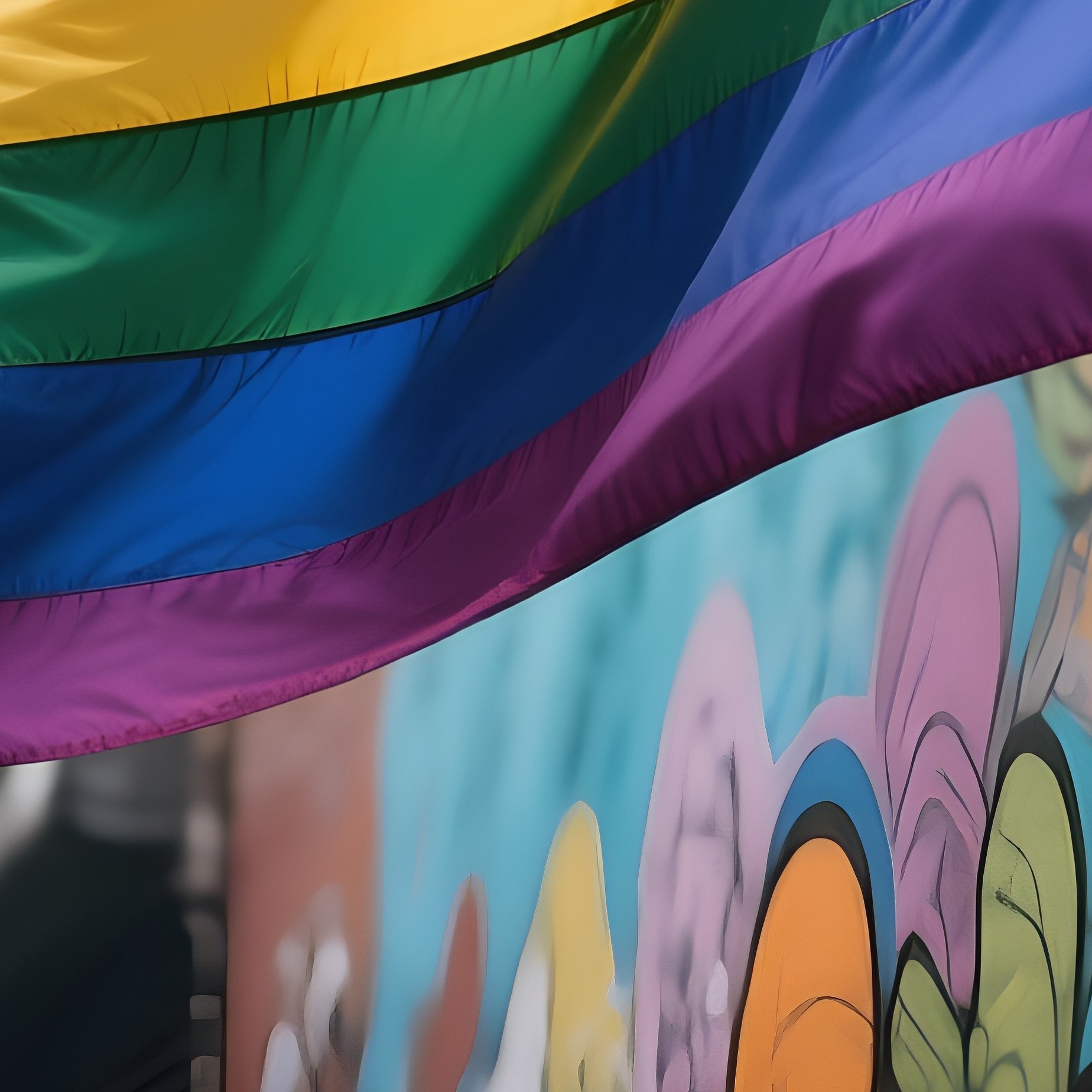 A Photorealistic Progress Pride Flag Fluttering Near A Mural Painted Urban Alley. - Full Resolution Quality Preview