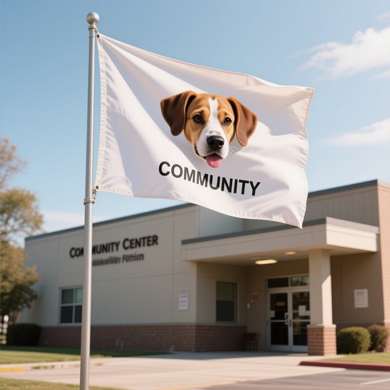 A Photorealistic Pup Community Flag Simplified (Kein Fetisch) Fluttering On A Neutral Community Center Exterior.