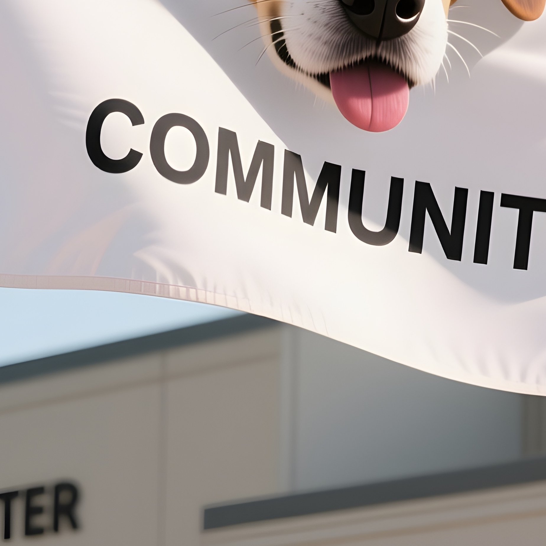 A Photorealistic Pup Community Flag Simplified (Kein Fetisch) Fluttering On A Neutral Community Center Exterior. - Full Resolution Quality Preview