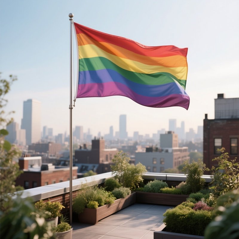 A Photorealistic Queerplatonic Flag Waving Over A Serene Urban Rooftop Garden.