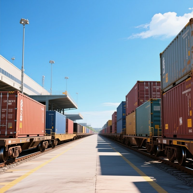 A Photorealistic Rail Freight Terminal Where Containers Are Transferred Between Wagons Under Clear Blue Sky.