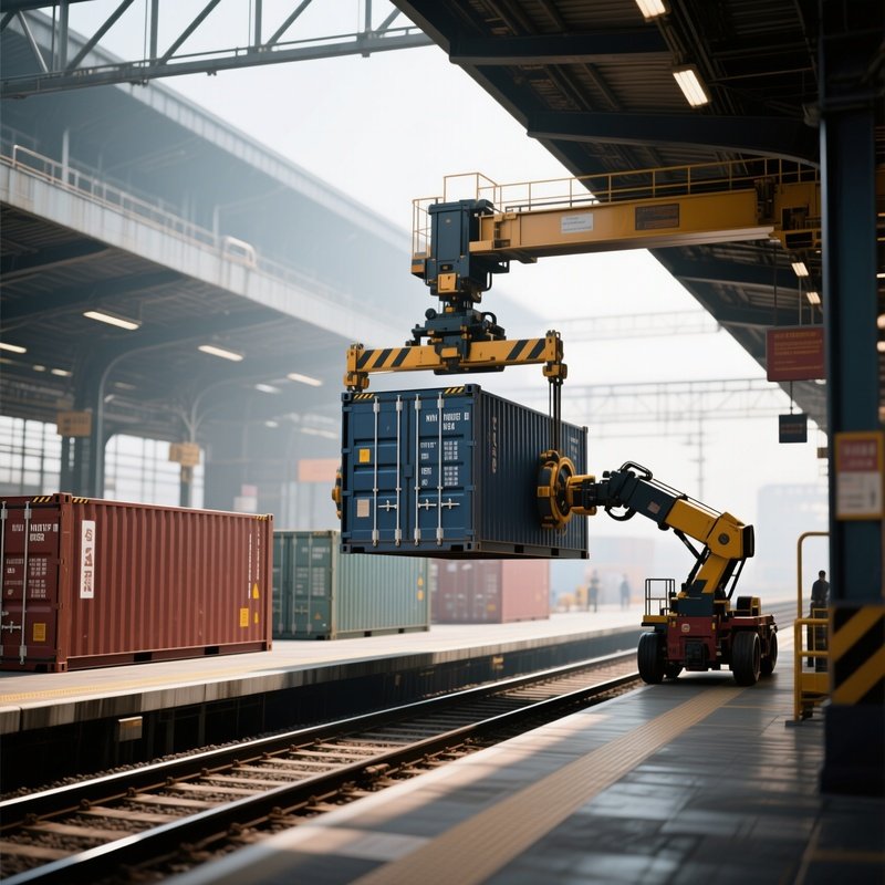A Photorealistic Rail Terminal Where Containers Are Being Rotated Into Place By Hydraulic Lifters.