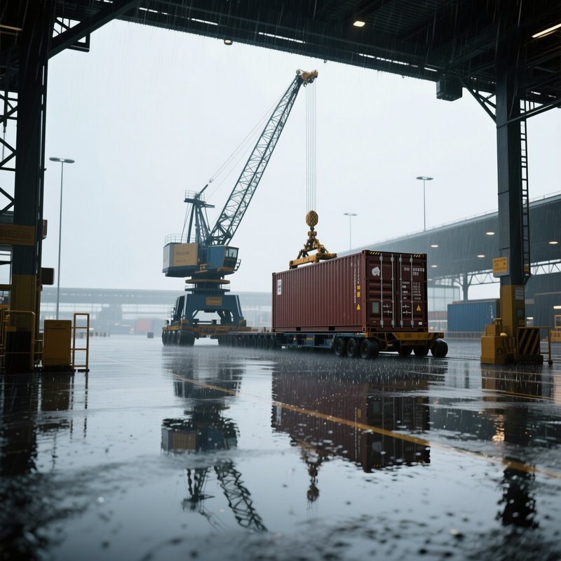 A Photorealistic Rain Soaked Terminal With Shimmering Reflections Across Wet Concrete As Cranes Load Cargo.
