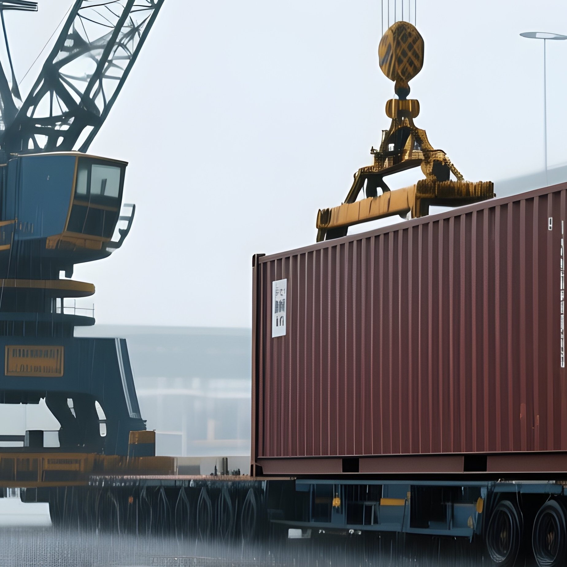 A Photorealistic Rain Soaked Terminal With Shimmering Reflections Across Wet Concrete As Cranes Load Cargo. - Full Resolution Quality Preview