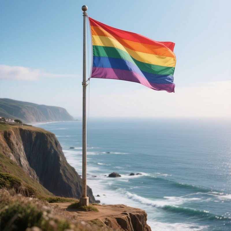 A Photorealistic Rainbow Flag Attached To A Tall Pole On A Coastal Cliff Overlooking The Ocean.