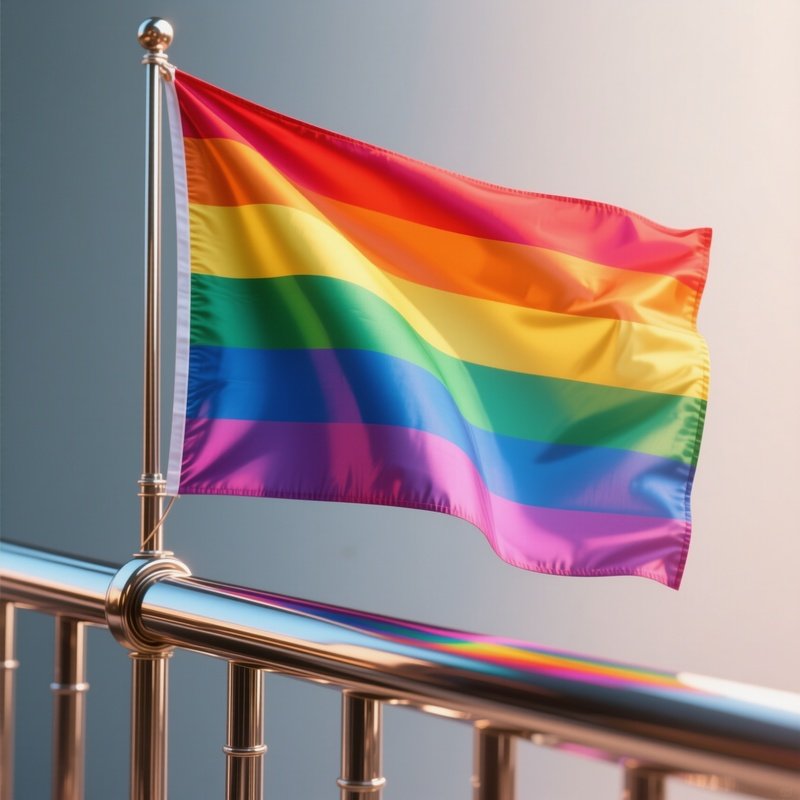 A Photorealistic Rainbow Flag Casting Colorful Reflections Onto A Polished Metal Railing.