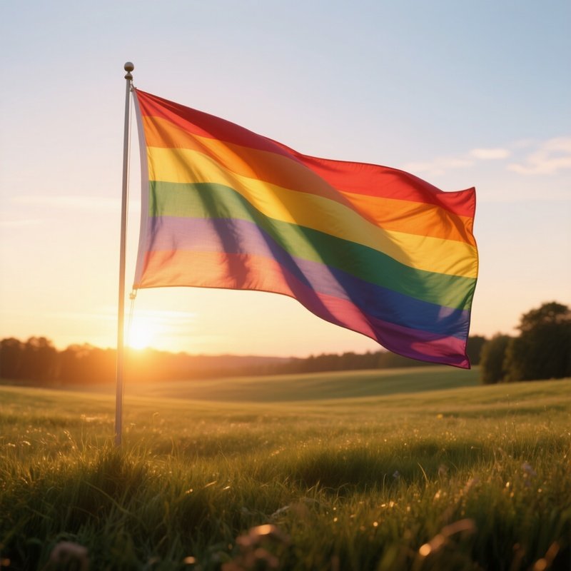 A Photorealistic Rainbow Flag Catching Golden Sunset Light As It Waves On A Grassy Open Field.