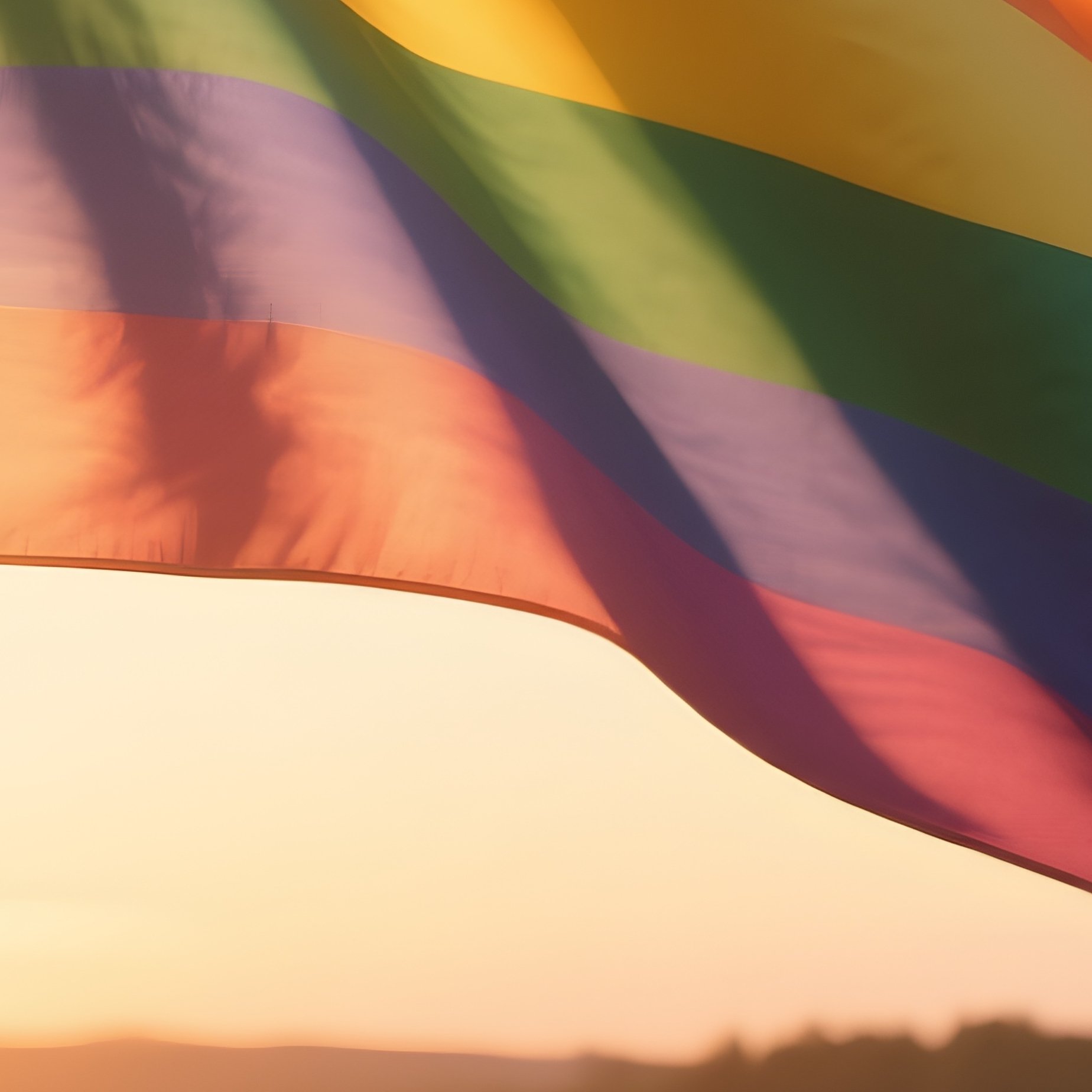 A Photorealistic Rainbow Flag Catching Golden Sunset Light As It Waves On A Grassy Open Field. - Full Resolution Quality Preview