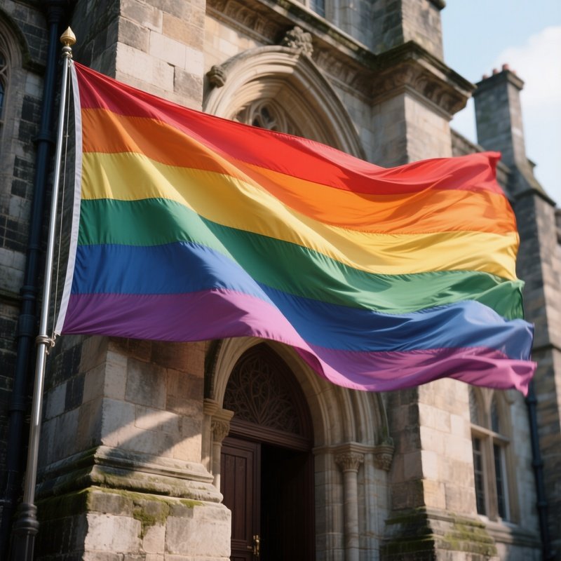 A Photorealistic Rainbow Flag Displayed In Front Of A Historic Stone Building With Wind Sweeping Through The Fabric.