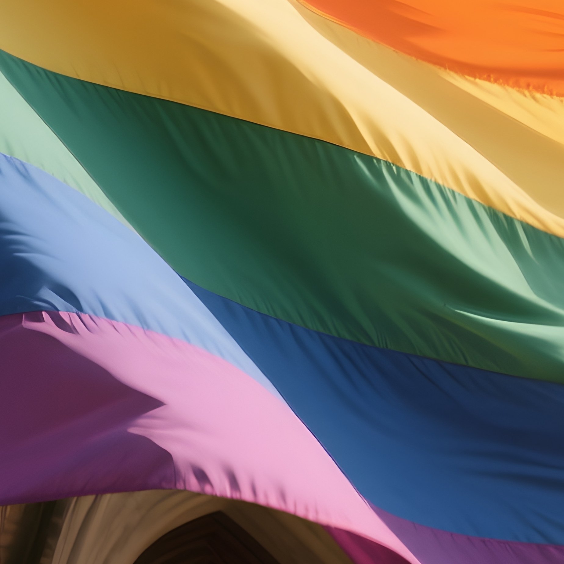 A Photorealistic Rainbow Flag Displayed In Front Of A Historic Stone Building With Wind Sweeping Through The Fabric. - Full Resolution Quality Preview