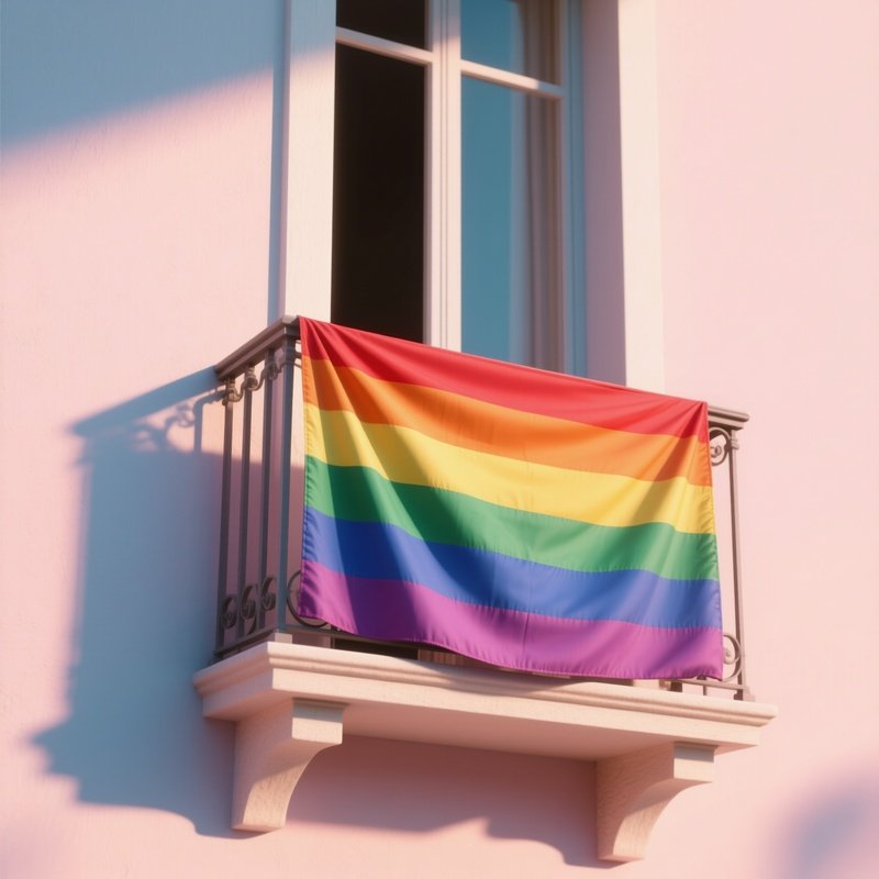 A Photorealistic Rainbow Flag Draped Over A Balcony Railing With Soft Shadows Cast On The Pastel Wall Behind It.