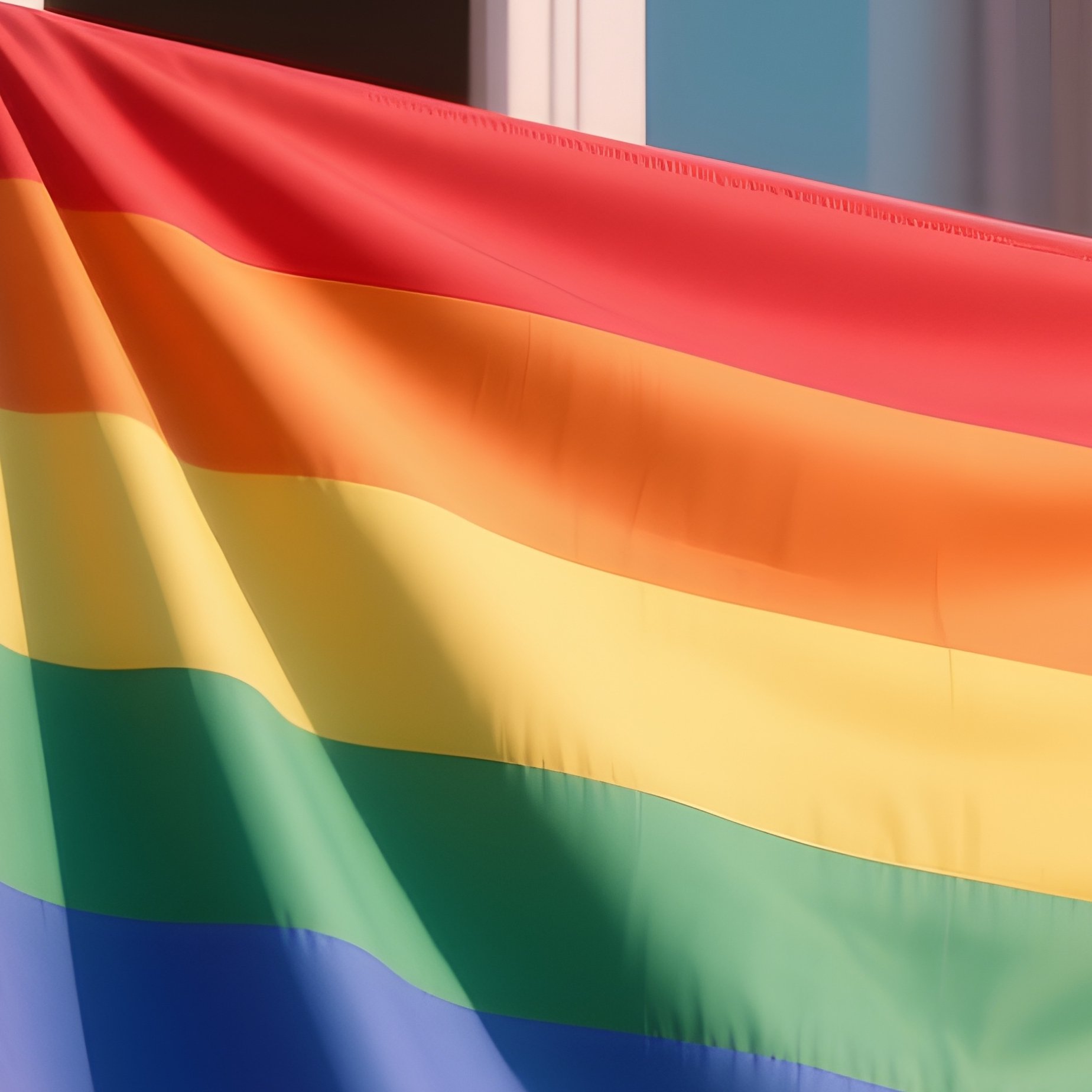 A Photorealistic Rainbow Flag Draped Over A Balcony Railing With Soft Shadows Cast On The Pastel Wall Behind It. - Full Resolution Quality Preview