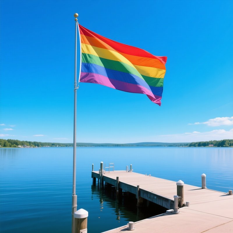 A Photorealistic Rainbow Flag Fluttering Beside A Calm Lakeside Pier Under A Vivid Blue Sky.