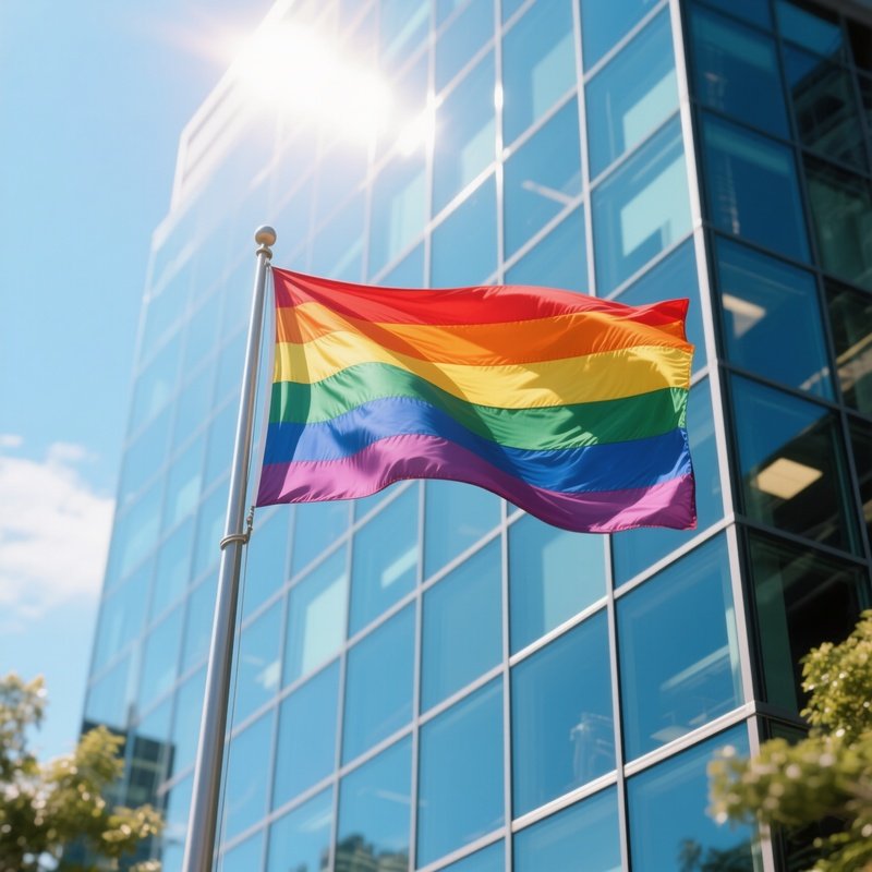 A Photorealistic Rainbow Flag Flying Beside A Glass Office Building Reflecting Bright Afternoon Sunshine.