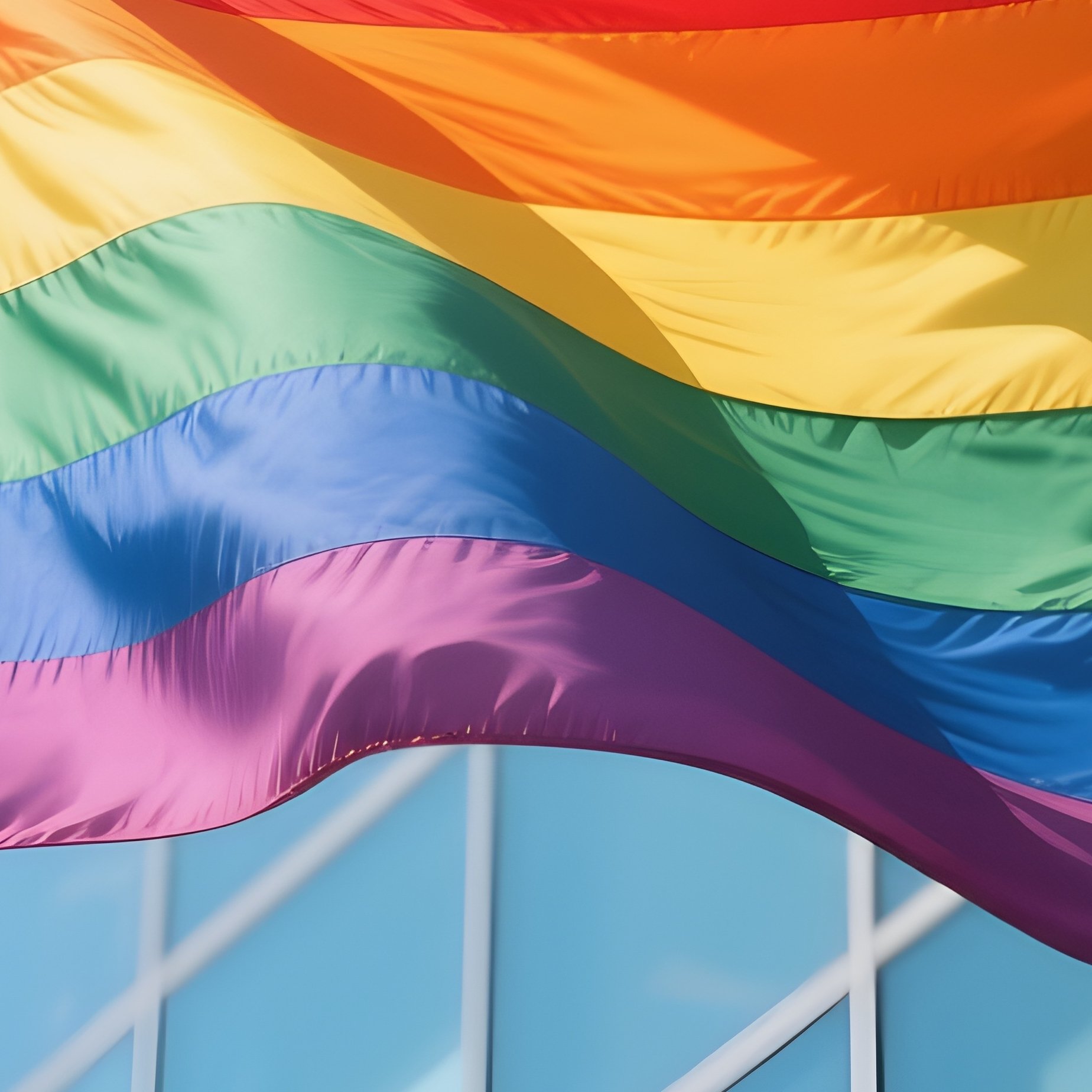 A Photorealistic Rainbow Flag Flying Beside A Glass Office Building Reflecting Bright Afternoon Sunshine. - Full Resolution Quality Preview
