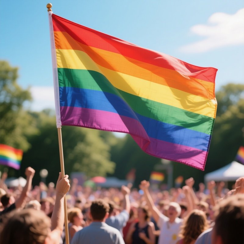 A Photorealistic Rainbow Flag Held Aloft During A Sunny Outdoor Gathering With Blurred Cheering Crowds In The Background.