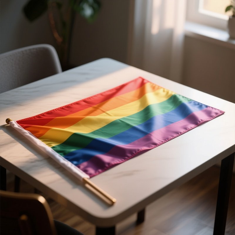 A Photorealistic Rainbow Flag Resting On A Table During Indoor Decoration With Soft Backlighting.