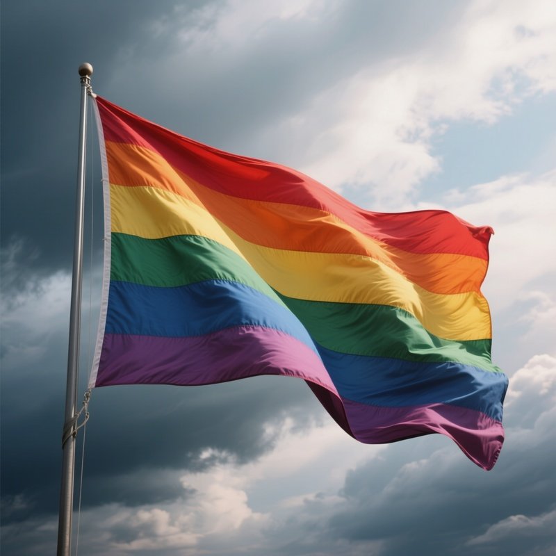 A Photorealistic Rainbow Flag Rippling Strongly In The Wind Against A Dramatic Cloudy Sky.