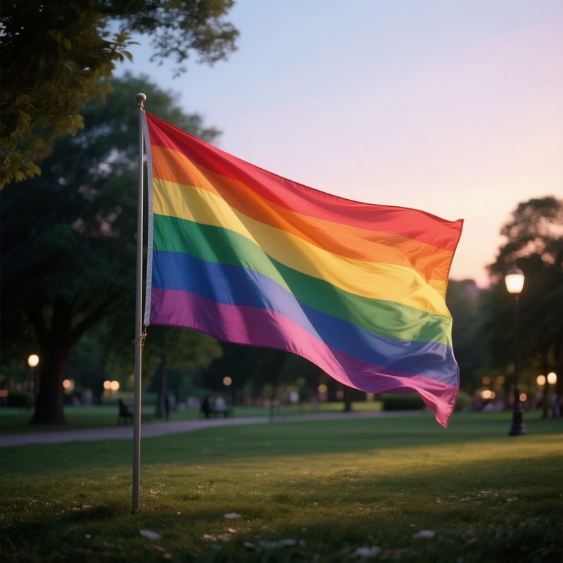 A Photorealistic Rainbow Flag Stretched Gently By A Breeze During A Peaceful Evening Park Scene.