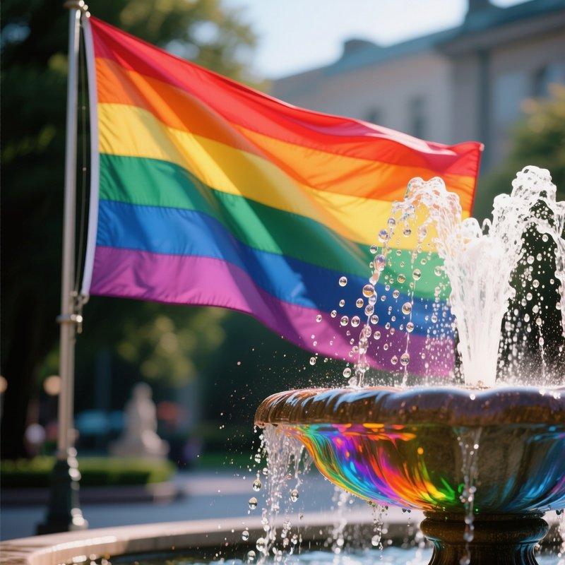 A Photorealistic Rainbow Flag Waving Beside A Fountain With Water Droplets Catching Colorful Reflections.