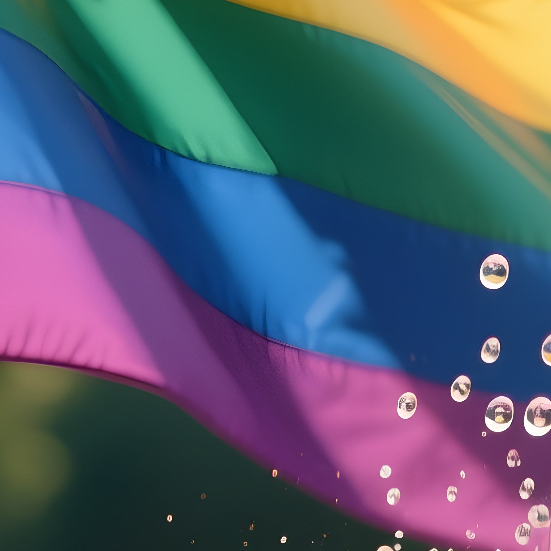 A Photorealistic Rainbow Flag Waving Beside A Fountain With Water Droplets Catching Colorful Reflections. - Full Resolution Quality Preview