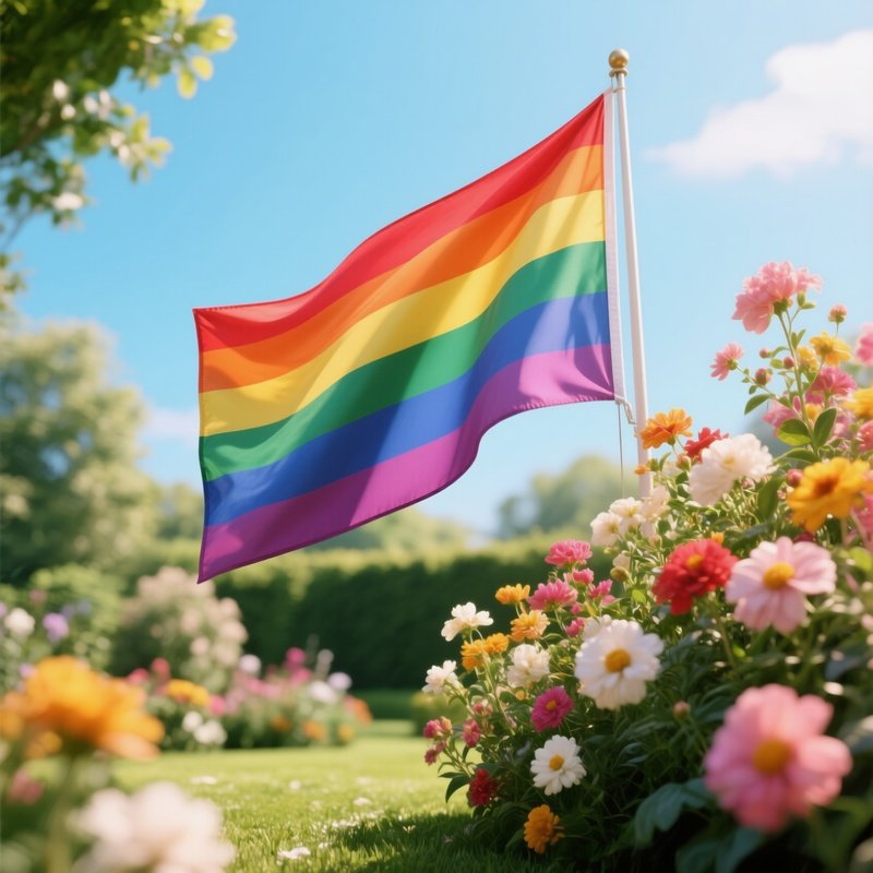 A Photorealistic Rainbow Flag Waving Next To Blooming Flowers In A Bright Garden Setting.