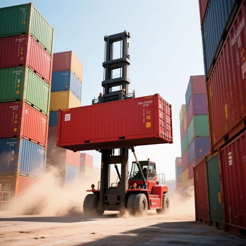A Photorealistic Reach Stacker Lifting A Red Cargo Container Between Stacked Towers Of Multicolored Units With Dust Drifting In The Afternoon Air.