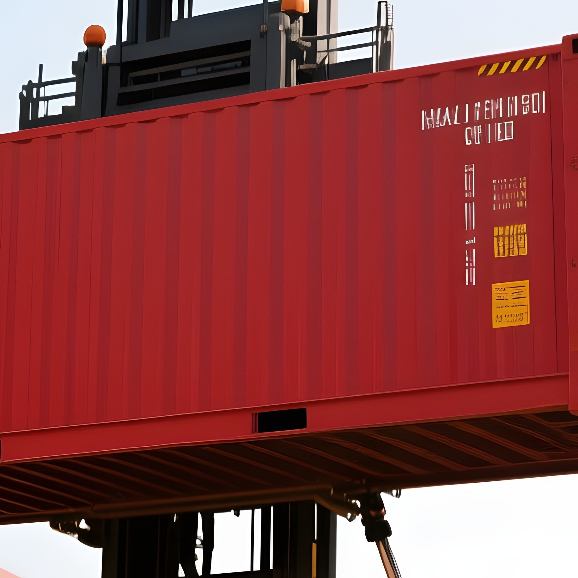 A Photorealistic Reach Stacker Lifting A Red Cargo Container Between Stacked Towers Of Multicolored Units With Dust Drifting In The Afternoon Air. - Full Resolution Quality Preview