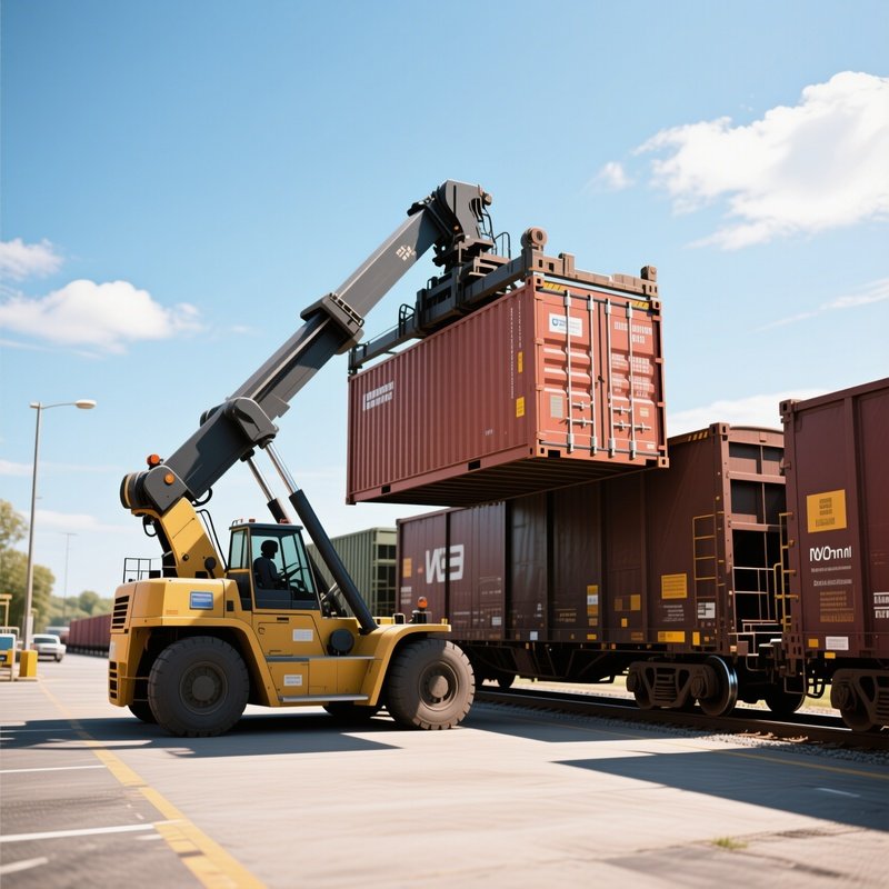 A Photorealistic Reach Stacker Parking A Freshly Lifted Container Onto A Train Wagon Under Bright Midday Sun.