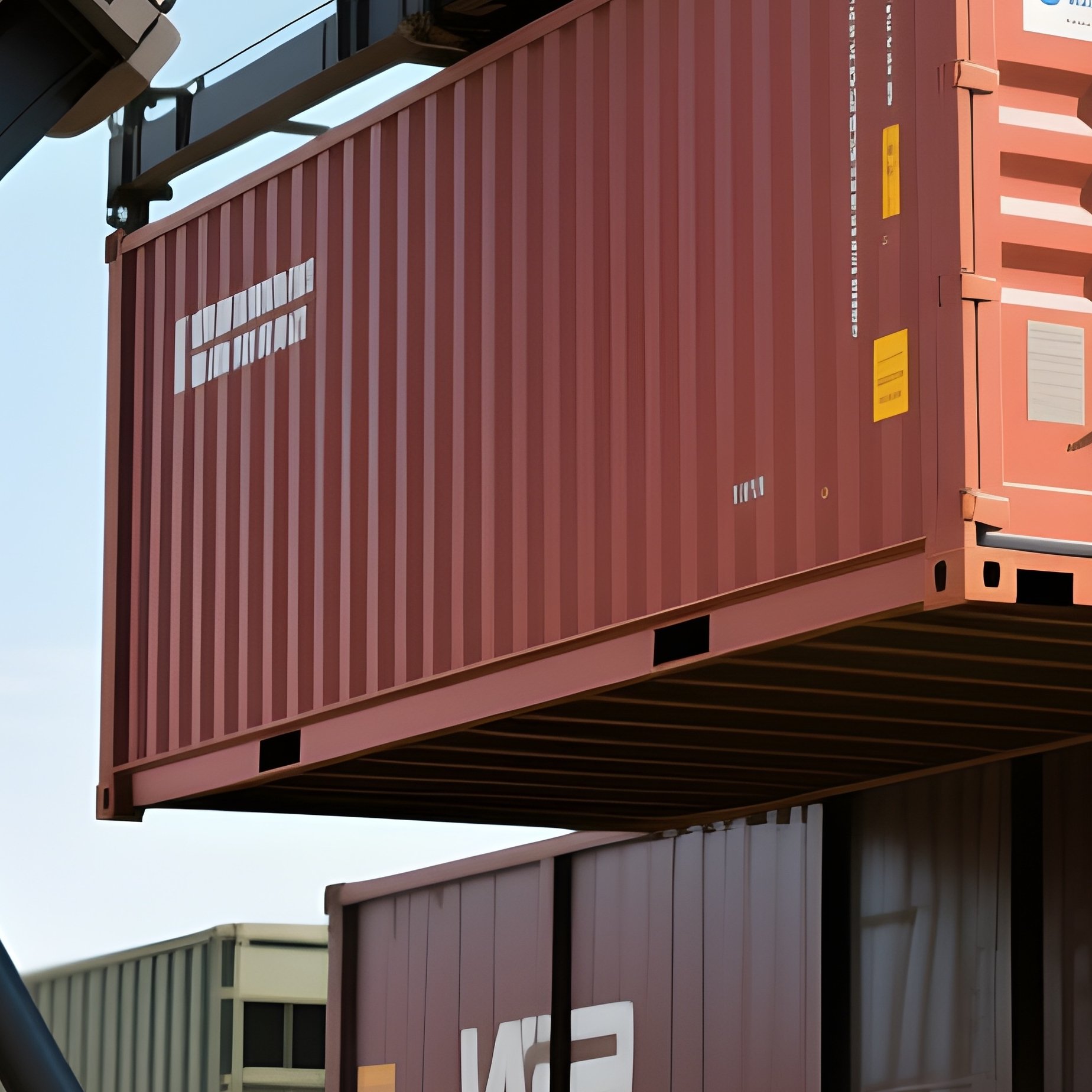 A Photorealistic Reach Stacker Parking A Freshly Lifted Container Onto A Train Wagon Under Bright Midday Sun. - Full Resolution Quality Preview