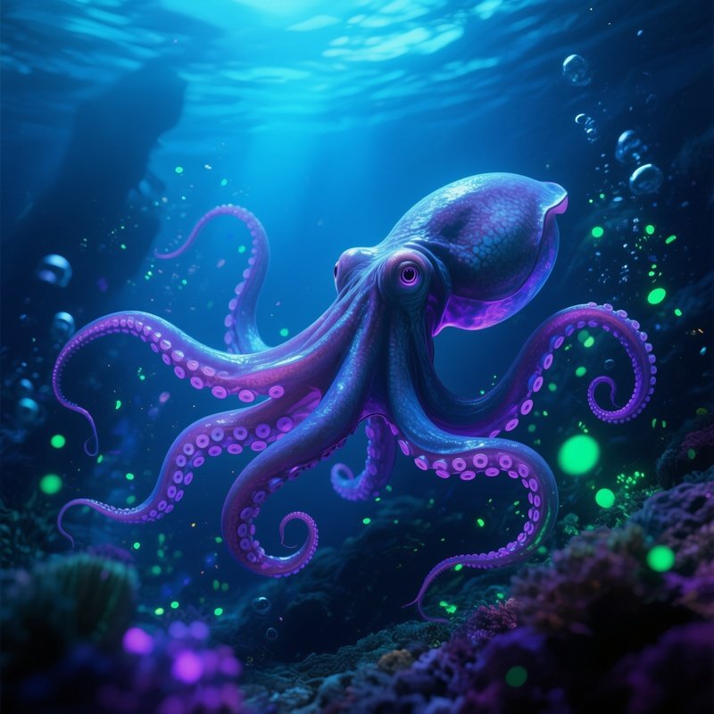 A Photorealistic Render Of A Living Giant Squid Drifting Gracefully Through The Twilight Zone Of The Deep Sea