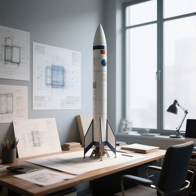 A Photorealistic Rocket Model Standing On A Designer’S Desk Beside Sketches, Blueprints, And Tall Studio Windows.