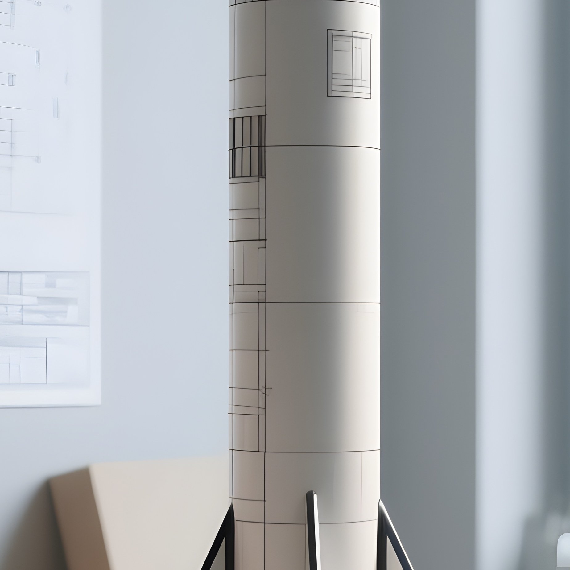 A Photorealistic Rocket Model Standing On A Designer’S Desk Beside Sketches, Blueprints, And Tall Studio Windows. - Full Resolution Quality Preview