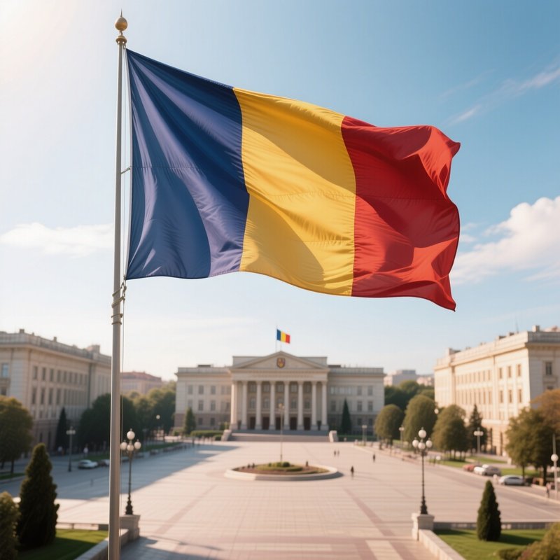 A Photorealistic Romanian Flag Flying Above A Wide Government Plaza In Soft Sunlight.