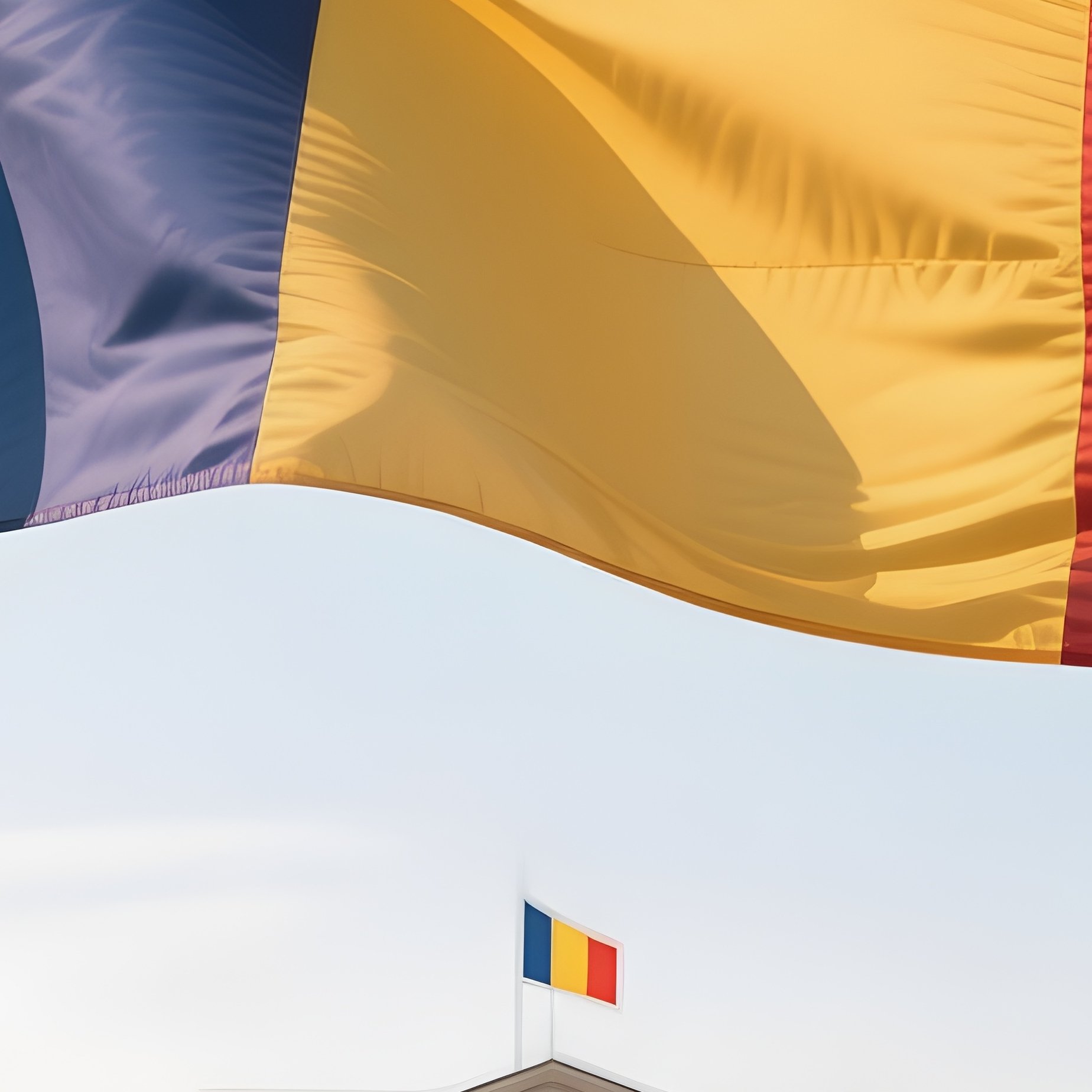 A Photorealistic Romanian Flag Flying Above A Wide Government Plaza In Soft Sunlight. - Full Resolution Quality Preview