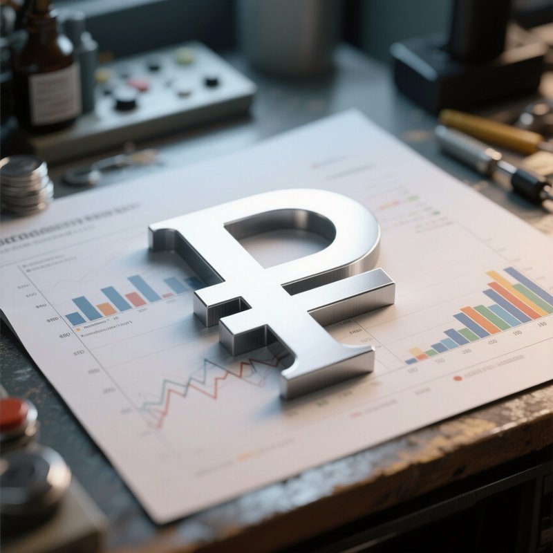 A Photorealistic Ruble Symbol Cut From Matte Aluminum Lying On A Workstation With Commodity Charts.