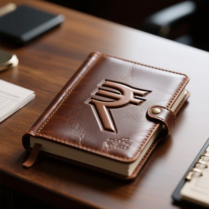 A Photorealistic Rupee Symbol Embossed Into A Leather Accounting Ledger On A Wooden Desk.